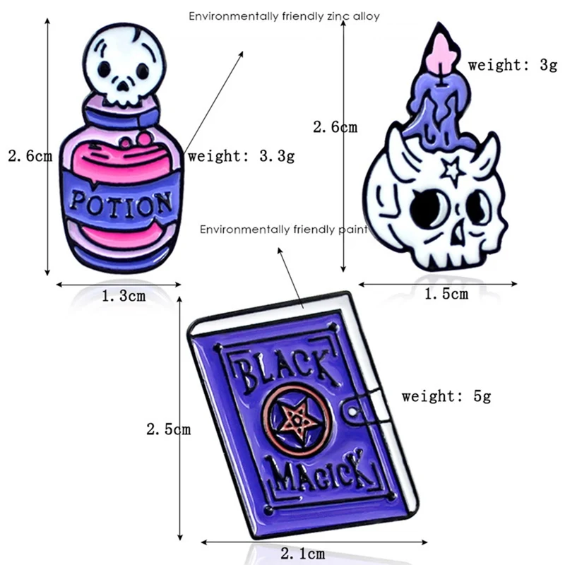 Таинственный черный череп Магия книжная свеча волшебное лекарство Potion брошь