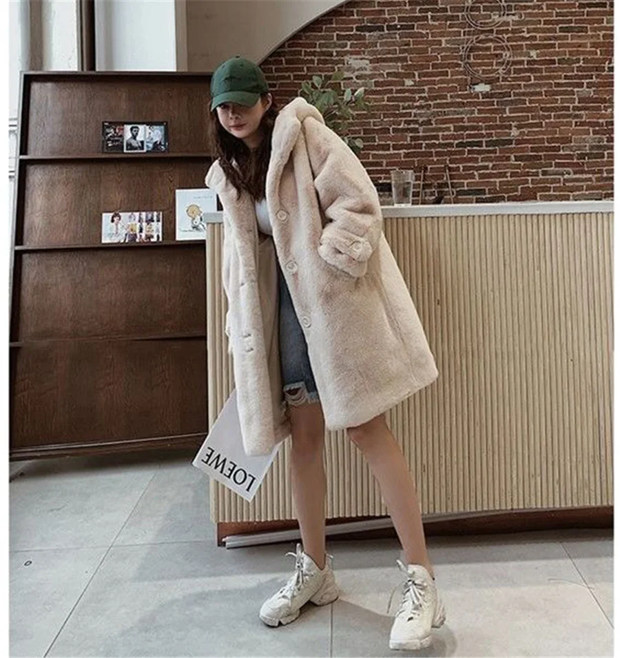 

2021 Winter Women Plush Long Coats Warm Thick Faux Rabbit Fur Hooded Coats High Quality Long Fur Coat Korean Loose OverCoat