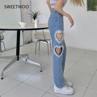 sweet high waist denim pants women chic love heart ruffles hollow out wide leg pants jeans female streetwear straight trousers