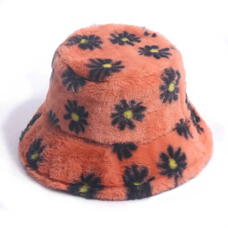 

Faux Fur Winter Bucket Hat For Women Fashion Daisy Flowers Panama Soft Warm Fishing Cap Outdoor Foldable Bob Fisherman Hat