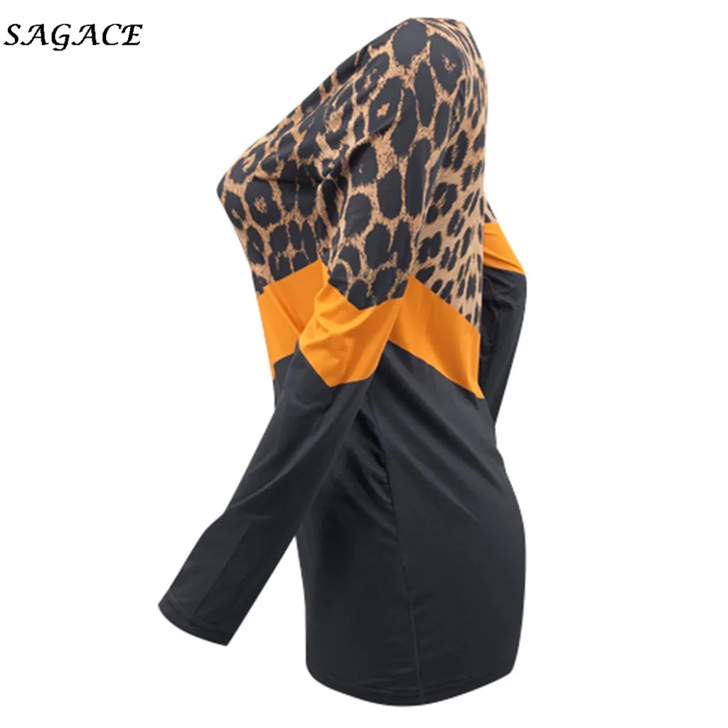 Sagace Топы женские леопардовые Лоскутные размера плюс с длинным рукавом льняная