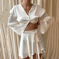 white elegant satin 2 two piece set women lantern long sleeves crop tops sexy high waist mini skirts 2021