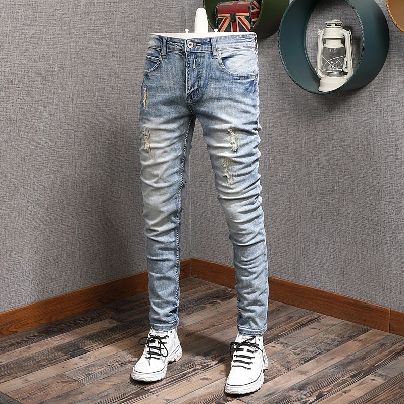 Mens Classic Vintage Light Blue Ripped Jeans Men Fashion Korean Style Embroidery Straight Slim Fit Denim Pants