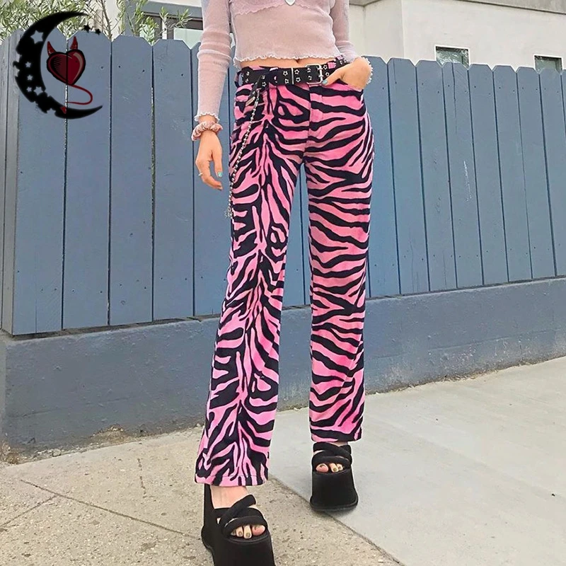 Уличная одежда розовые расклешенные брюки с принтом зебры высокой талией Harajuku
