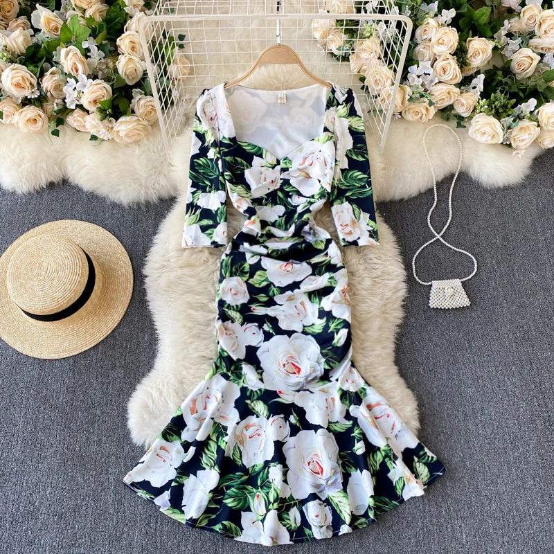 

Сексуальное облегающее платье Foamlina с глубоким вырезом, квадратным вырезом и рукавом три четверти, с цветочным принтом, женское стандартное ...