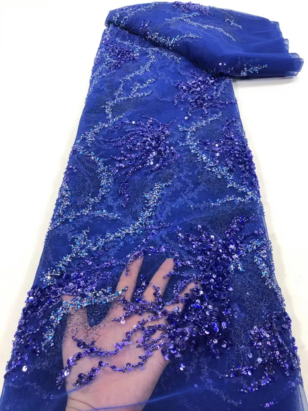 

Gorgeous Royal Blue French Sequins Lace Handmade Beaded African Tulle Fabric Nigerian Embroidery Lace With Beads 5 Yards/Piece