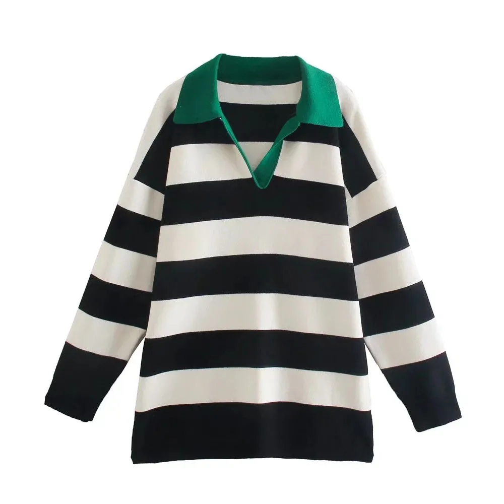 

XEASY 2021 Autumn Women Stripe Vintage Loose Long Sleeve Knitted Sweater Female V Neck Pullover Streetwear Casual Chic Top
