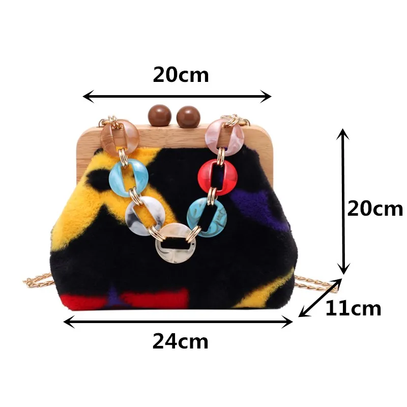 

Fashion Chain Plush Crossbody Bag Luxury Women Contrast Soft Fur Shoulder Handbag Lady Wooden Handle Tote Bags Sac De Luxe Femme