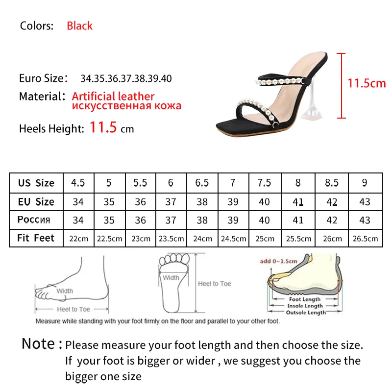

LEOPARD LAND Summer Fashion New Pearl Decoration Square Toe Sandals Pure Black High Heels Sexy Crystal Heel Slippers Women ZL