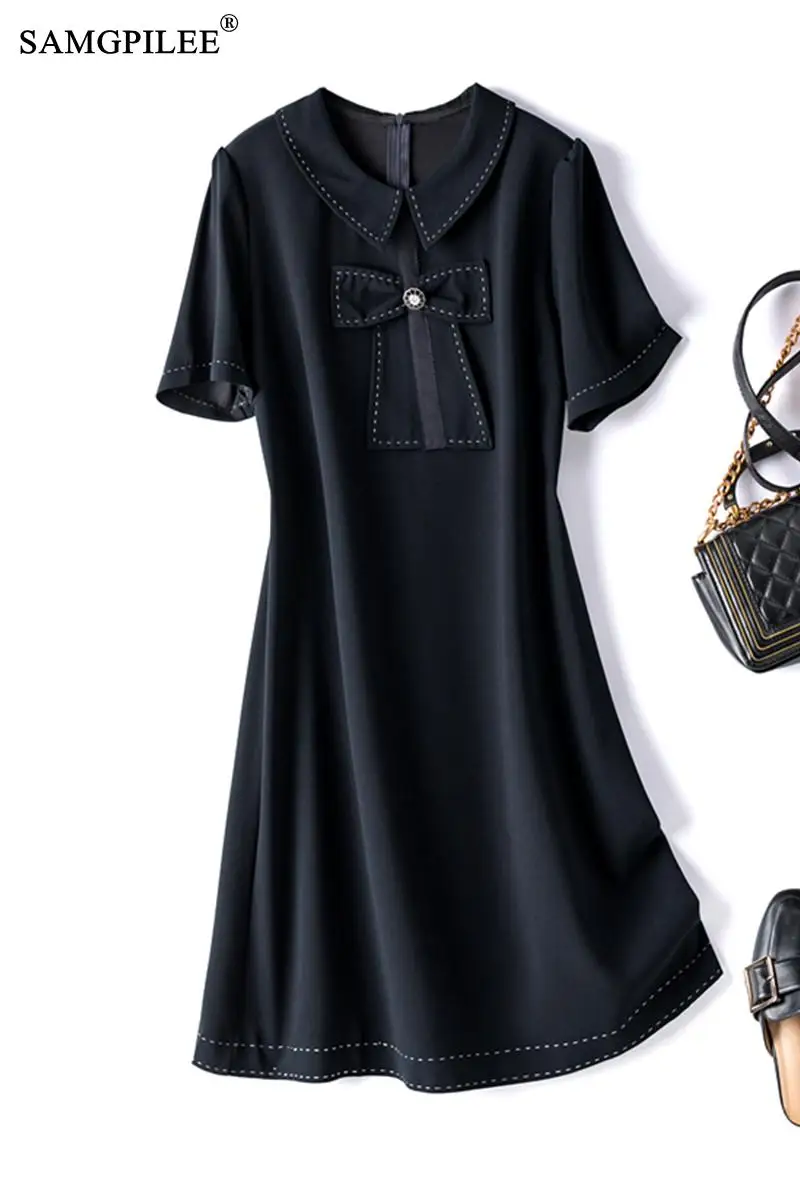 

Summer Women Dress 2021 New Office Lady A-line Solid Short Sleeve Bow Knee-length Empire Peter Pan Collar Plus Size Dresses 4XL