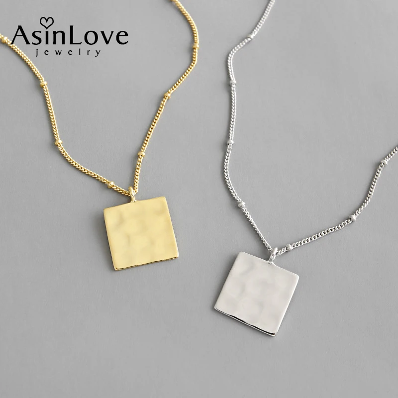 

AsinLove 925 Sterling Silver Square Pendant Necklace Minimalist Concave-convex Hammered Handmade Design Necklaces Women Jewelry
