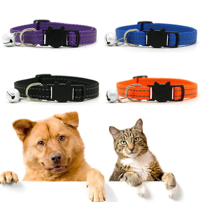 

1.0cm Cartoon Safety Breakaway Cat Collar 6 Colors Reflective Nylon Pet Puppy Small Dog Kitten Cat Collar with Colorful Bell