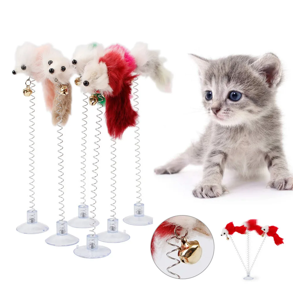 

Feather Stick Spring Toy Suction With Bell Mouse Cat Interactive Pet Tool Elastic Scratcher Mice Teaser Entertainment Multicolor