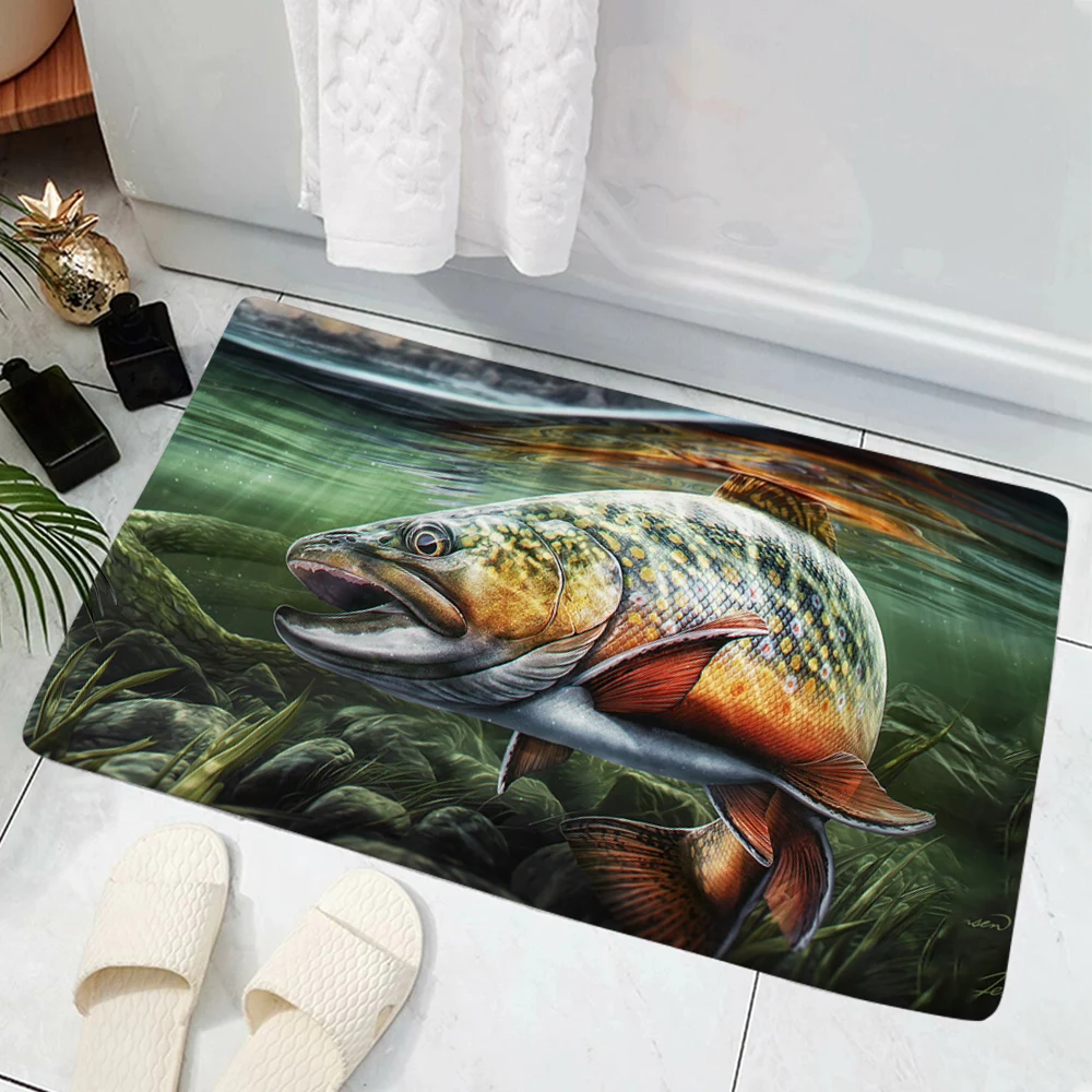 

CLOOCL Trout Fishing House Doormat Decor 3D Print Animal Doormat Carpet Soft Non-Slip Doormat Absorbent Mat for Bedroom Porch