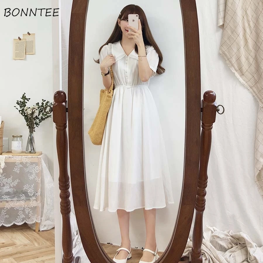 

Платье женское с коротким рукавом, однотонное белое элегантное нежное милое Винтажное с воротником Питер Пэн, с оборками в Корейском стиле, ...