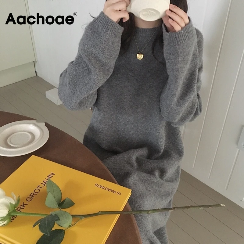 Платье Aachoae женское длинное трикотажное с круглым вырезом однотонное