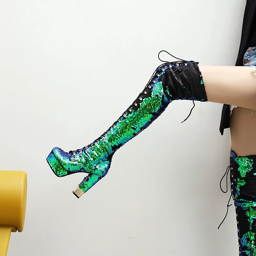 

Женские сапоги выше колена на высоком каблуке 13 см, размеры 34-43