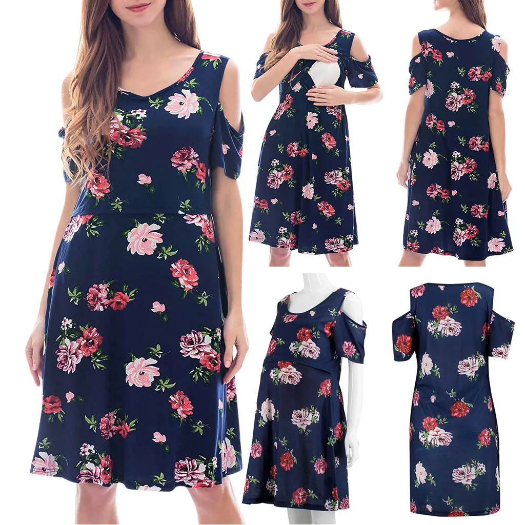 

Women Pregnant Maternity Dress Nursing Flowers Print Patchwork Cotton Comfy Breastfeeding Summer Maternity Dress