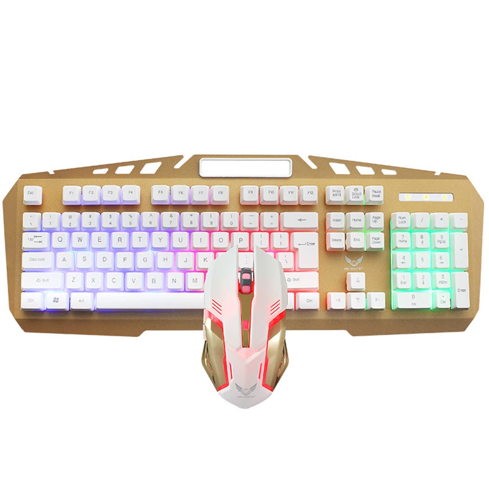 

Colorful Backlit 104 Keys USB Wired Keyboard Metal Panel with Mobile Phone Holder Keypad 2400DPI Gaming Mouse Set for PC Gamer