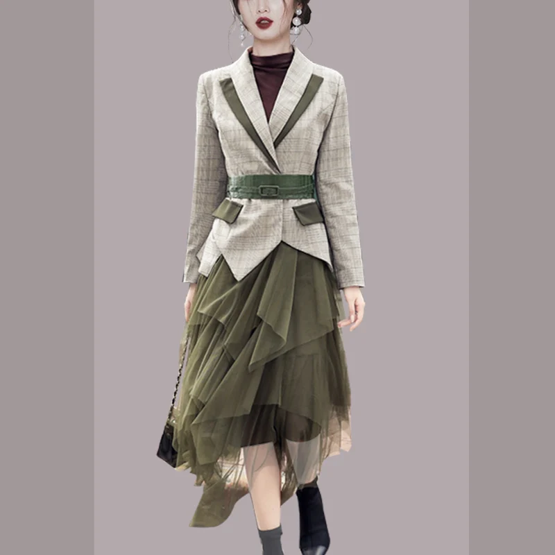 

2021 Autumn Women Grey Plaid Notched Blazer Check Office Sashes Jacket +Elastic Waist Army Green Mesh Skirt Set 2 Piece Outfits