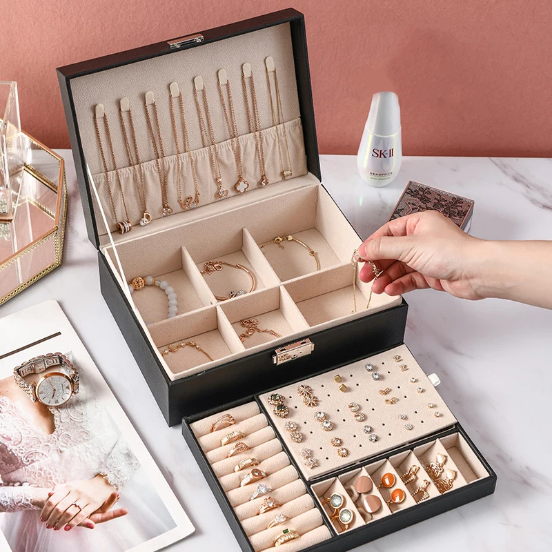 

New PU Leather Jewelry Storage Box Organizer Portable Double-Layer Packaging Box European-Style Multi-Function Winter Gift