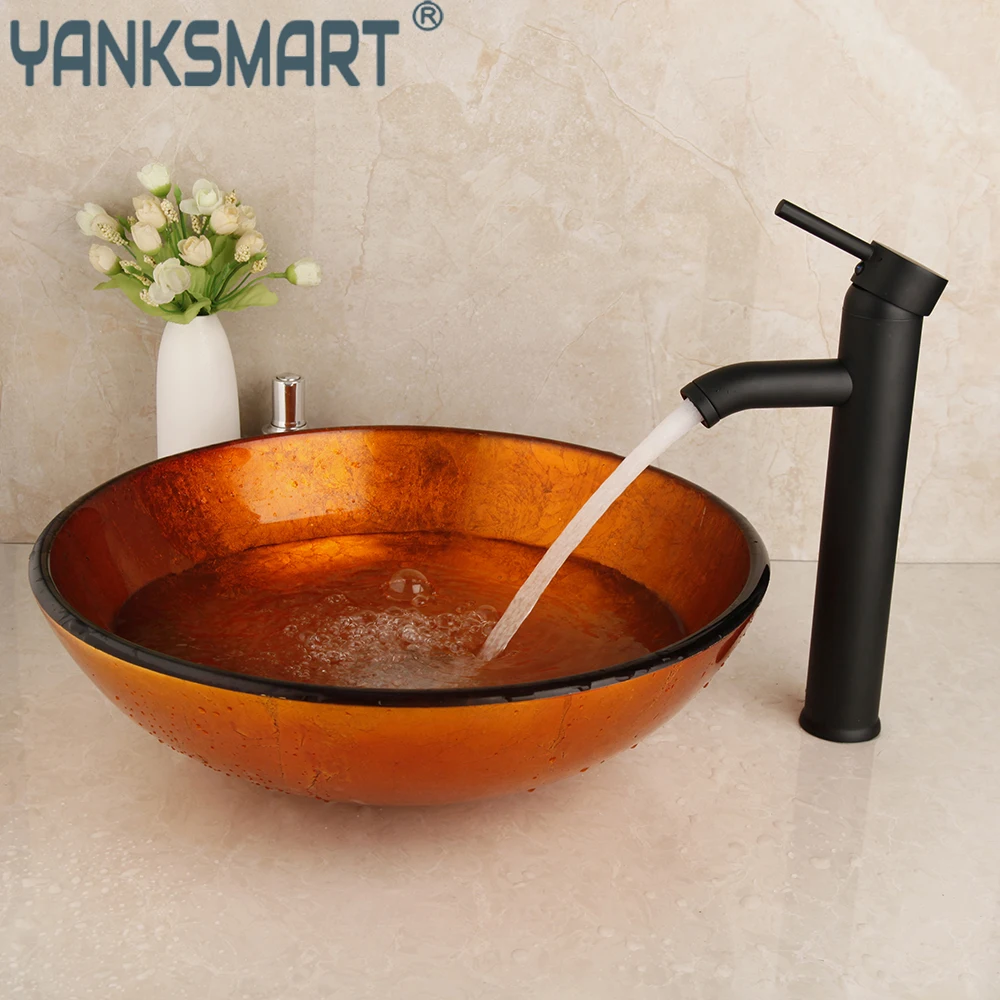 

Lavatory Countertop Glass Tempered Washbasin Sink Faucet Set Bathroom Combo Kit Waterfall Deck Mounted Mixer Tap With Drain