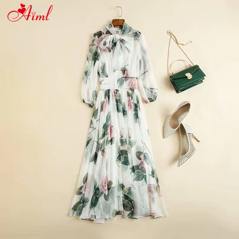 

Designer 2020 Fashion Runway Summer Long Dress Female Elegant Collar Bow Pink Flower Print Bohemian Holiday Dresses Chiffon New