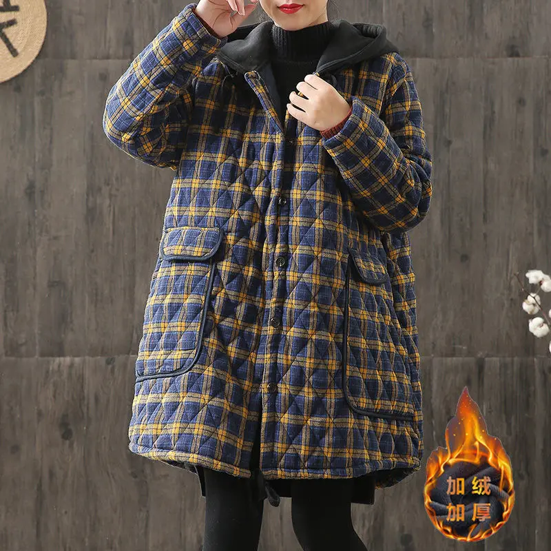 

Women's Clothes Autumn Winter Hooded Padded Jacket Loose Retro Plaid Quilted Thick Mid-Length Cotton Coat Spring Y1305