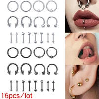 16pcslot 16g stainless steel septum nose ring set for women men ear helix cartilage piercing lip tongue bcr piercing jewelry