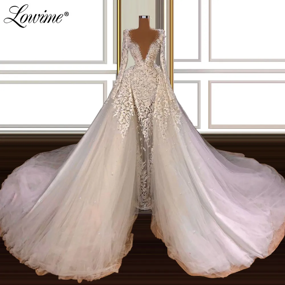 

Muslim Wedding Dresses Ivory Lace Applique Bridal Gowns Pearls Customized Long Sleeves Wedding Bride Dress Robe De Mariee 2021