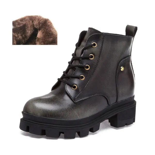 Dark gray -Fur Inner Новые ботинки из натуральной кожи на толстом каблуке в английском стиле; сезон осень-зима; женские Ботинки martin на высоком каблуке со шнуровкой; короткие ботильоны на толстом каблуке - Цвет: Dark gray -Fur Inner