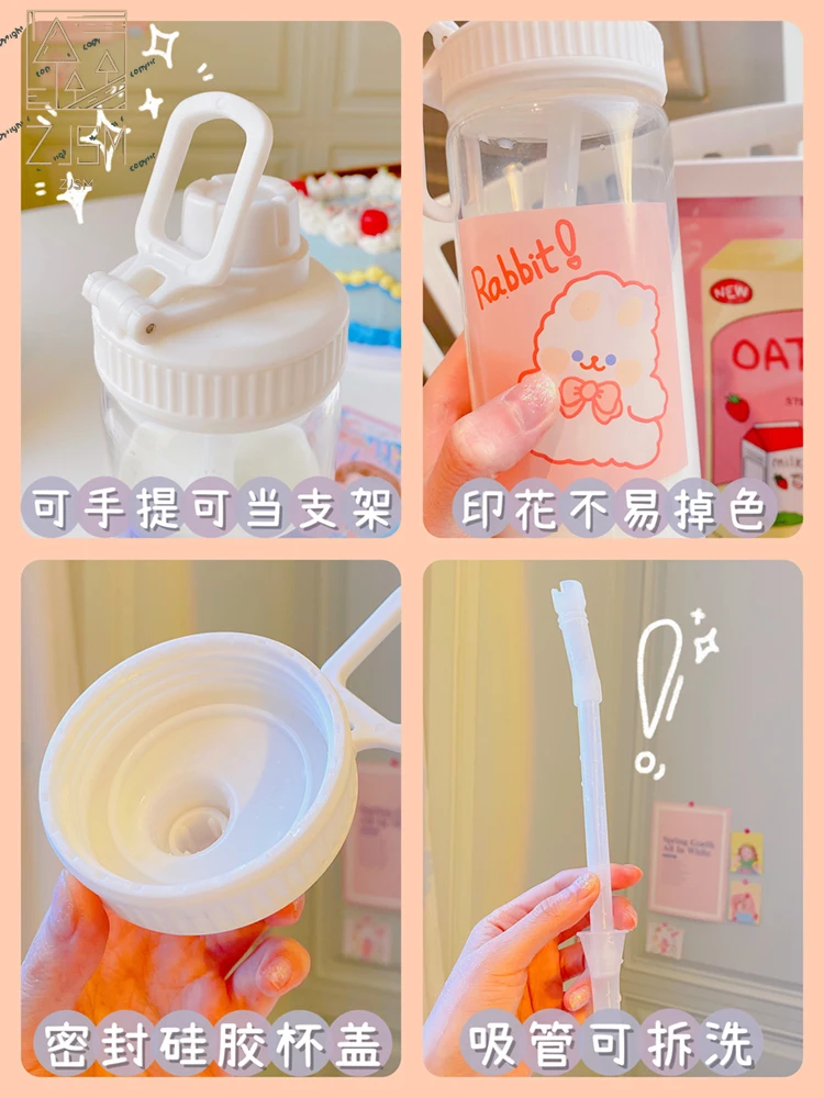 

500ML Cute Rabbit With Straw Glass Frosted Water Bottle Portable Leakproof Travel Large Capacity Water Cup For Girl