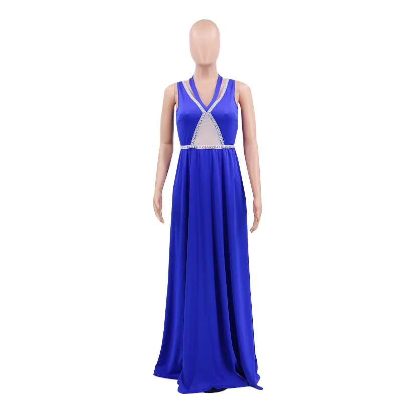 Evening Party Dress Blue Plain Floor Length Sleeveless Halter Diamonds 2020 Summer Elegant Wedding Vestidos Dresses Wholesale | Женская