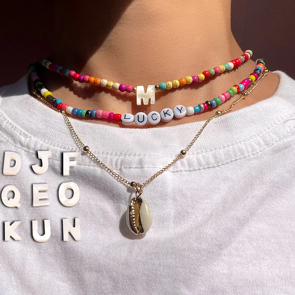 

Layered Shell Letter Candy Beaded Necklace For Women Pink Natural Stone Bead Initial Name Choker Friend Gothic Neck DIY Jewelry