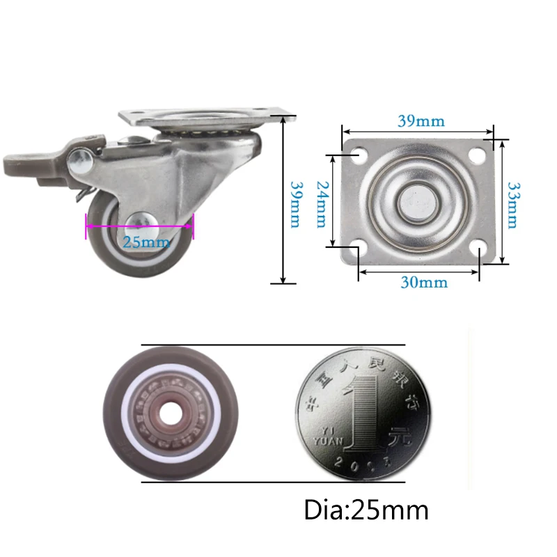 4 шт. мебельные ролики мягкий резиновый шарнирный ролик серебряное роликовое