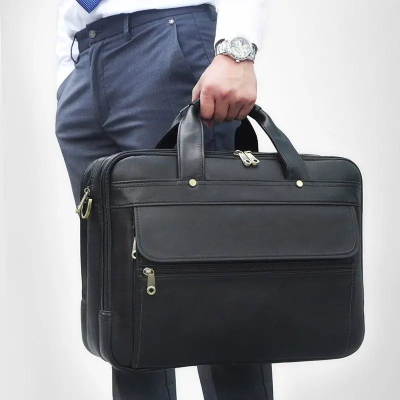 POOLOOS Highend Black Coffee Grey Genuine Leather 15.6'' Laptop Office Men's Briefcase Business Messenger Bags Portfolio M7146