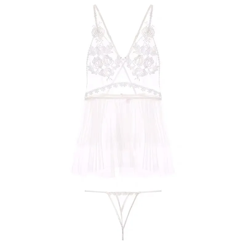 

SIDDONS 2020 New Sexy Backless Women Sleepdress Thong 3 Pcs Sets V-Neck Lace Sexy Young Girl Underwear White Babydoll Nightdress
