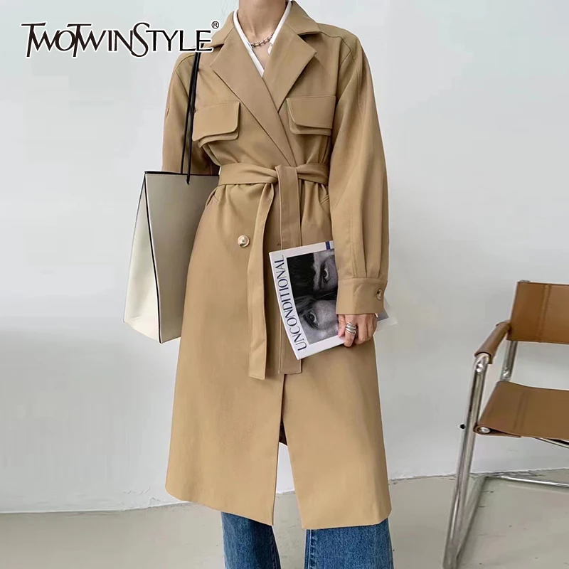 

Женский Повседневный Тренч TWOTWINSTYLE, осенний, облегающий, однотонный, со шнуровкой, с карманами, с лацканами и длинными рукавами, 2021