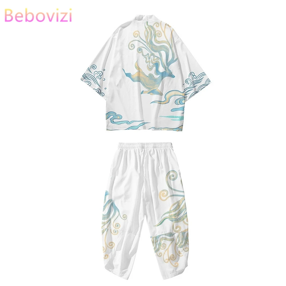 

Japanese Kimono Cardigan Men Women Two-piece Suit Plus Size Cetakan Mitos Shirt Haori Yukata Clothes Harajuku Kimono+Pants Sets
