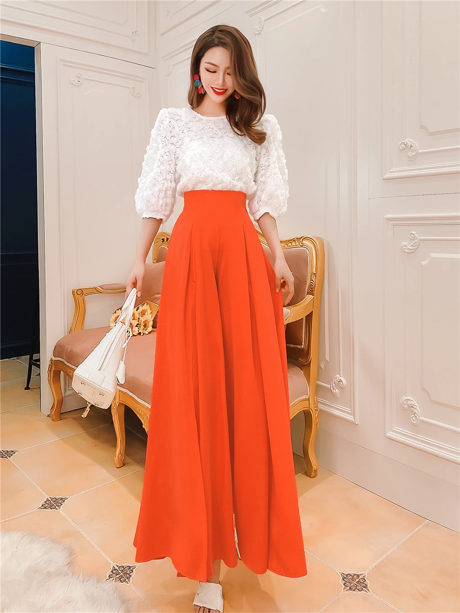 High Waist Wide-Leg Pants for Women 2021 Spring Summer New Fashion Pleated Slit Casual Trousers Femme Loose Office Ol Long Pants