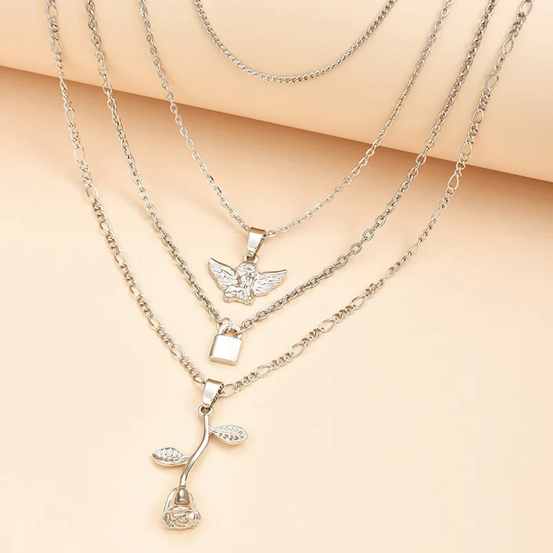 

Goth Multi Layer Angel Rose Pendant Necklace For Women Metal Lock Cool Charm Hip Hop Punk Choker Necklace Jewelry Gifts New