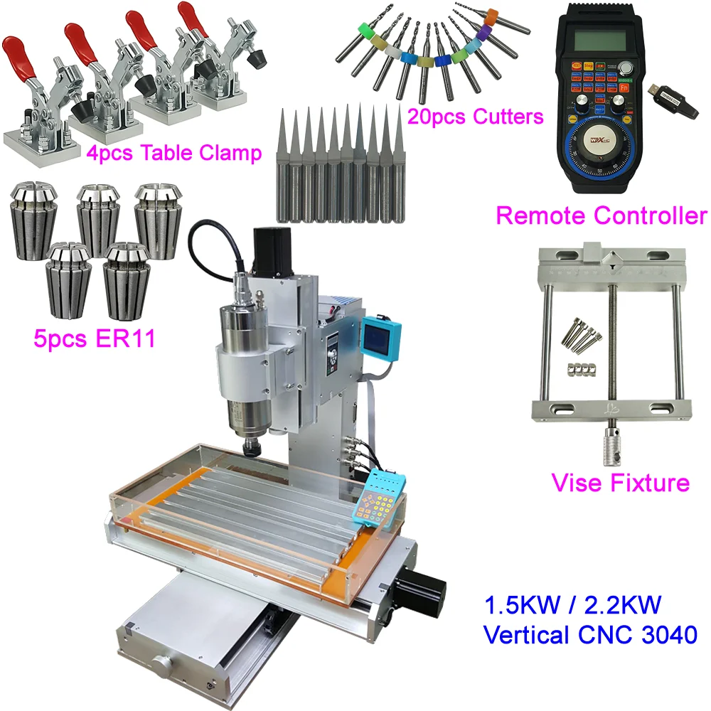 

Vertical CNC Router 3040 1.5KW 2.2KW Alumium Steel Column Engraving Milling Machine with MACH3 Remote Controller Fixture Vise