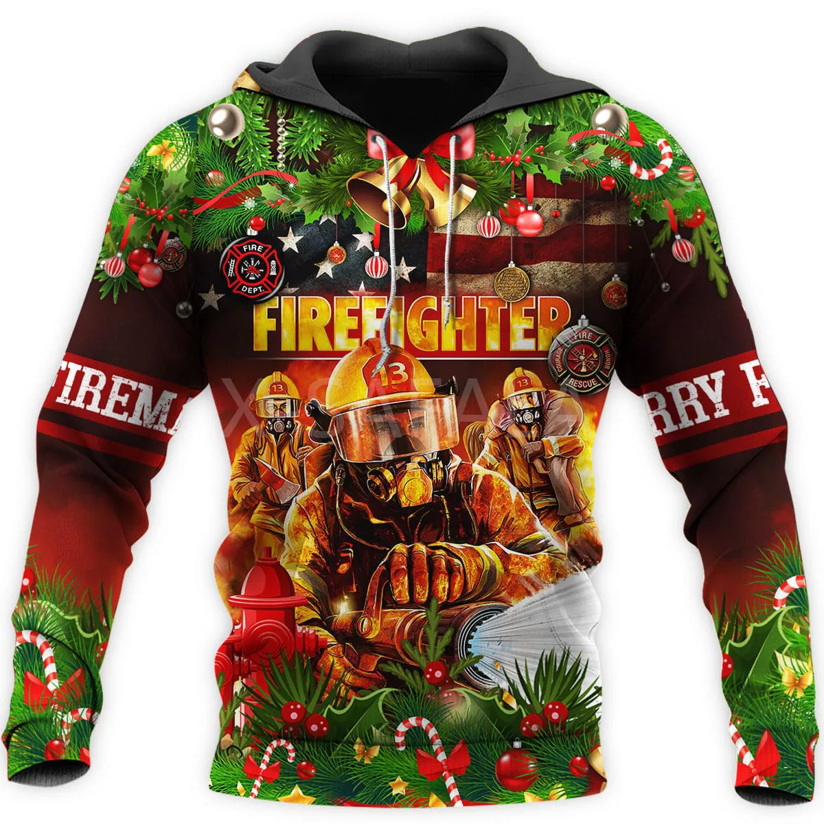 

Толстовка с капюшоном для мужчин и женщин, Повседневный пуловер на молнии, с 3D принтом, в стиле Харадзюку, с надписью Merry Christmas, пожарный