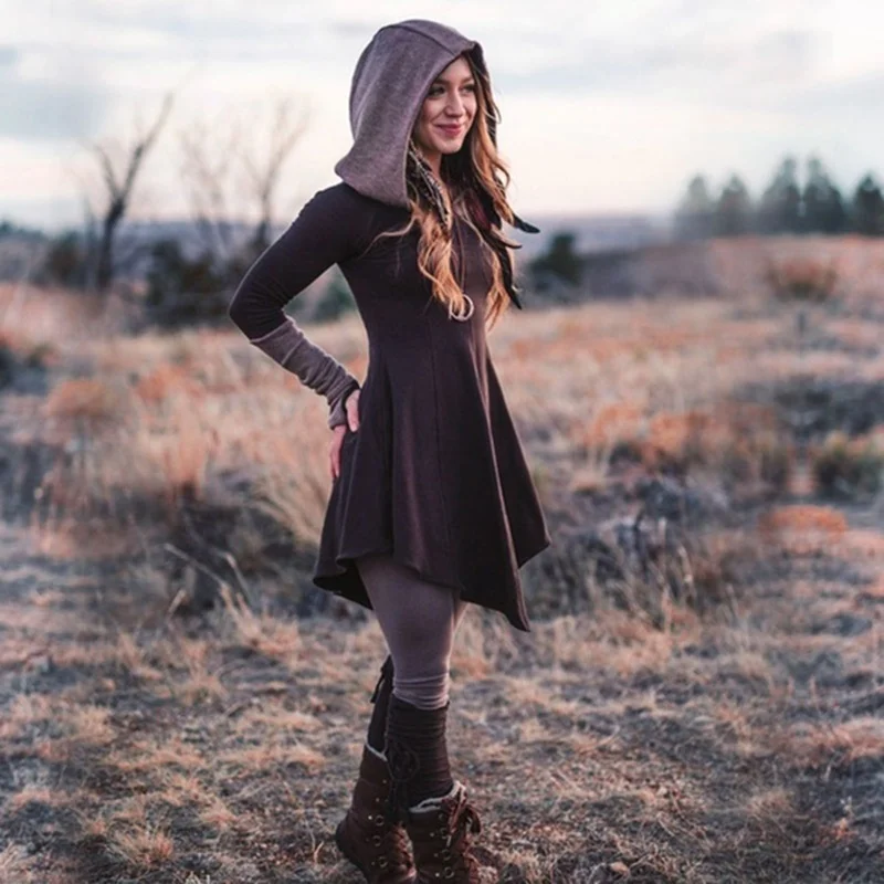 Женское модное готическое платье с капюшоном приталенное плиссированное