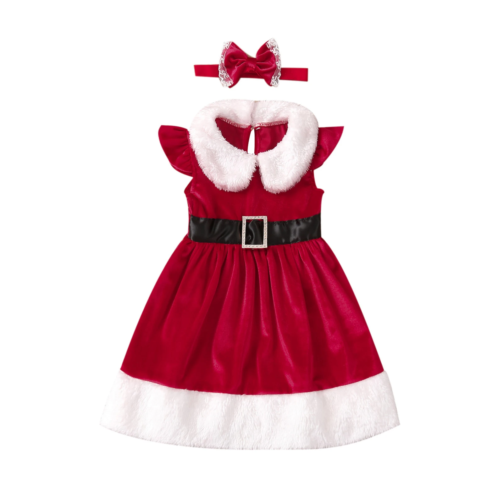 

Little Girl’s Casual Fly Sleeve Dress Fashion Contrast Color Plush Collar Santa Claus Dress with Headband
