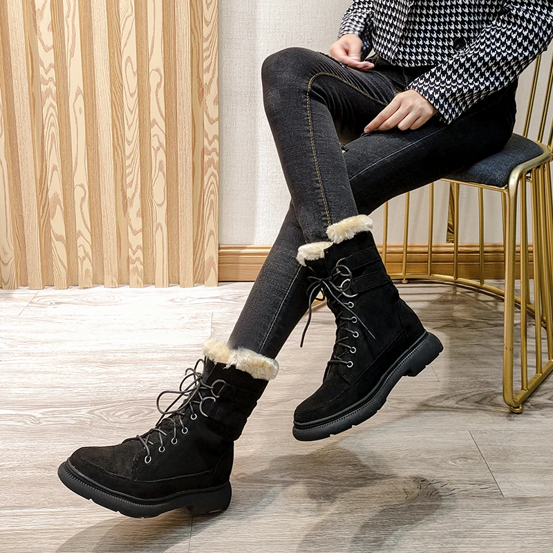 

REVT Studen Girls Big size 33-43 New Warm Snow Boots Women Platform Boots Solid Color Waterproof Mid Calf Thick Fur Winter Boot