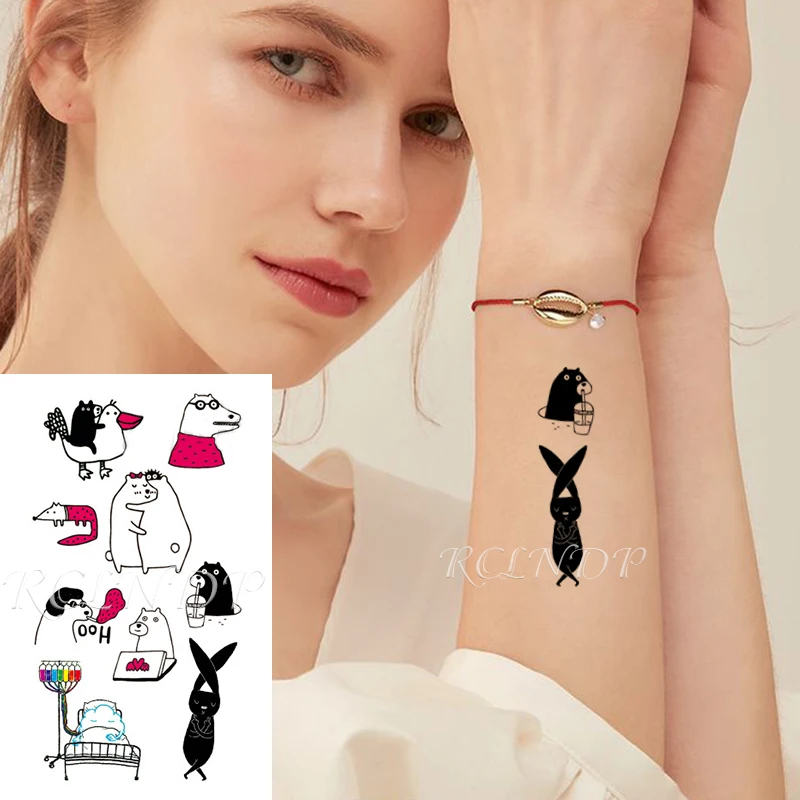 Переводная вода поддельная Татуировка мультфильм Милая Линия Кролик Утка собака