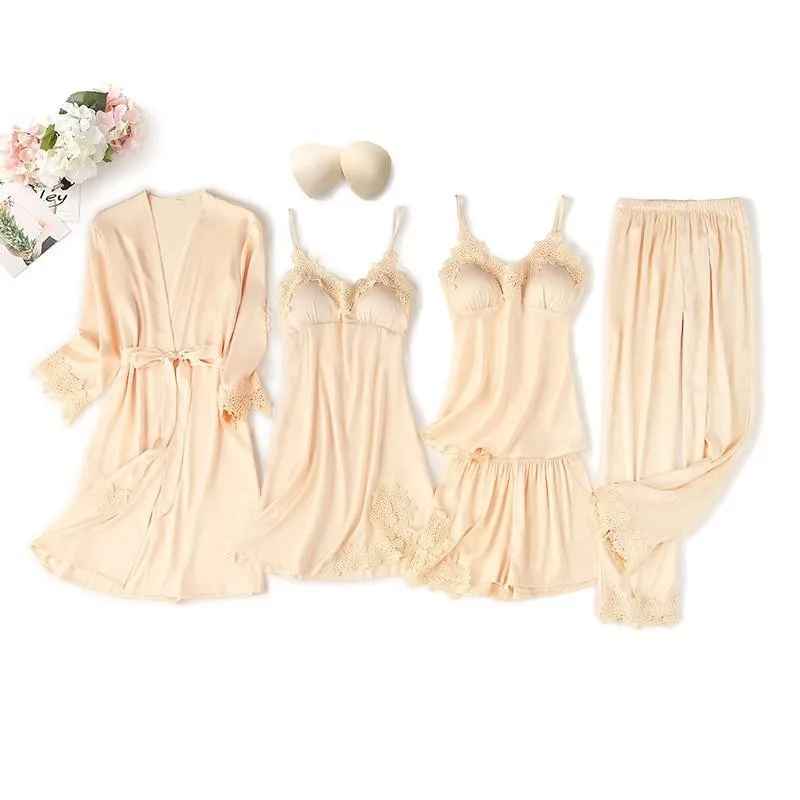 

Champagne Robe Set Spring Summer New Pajamas Suit Intimate Lingerie Satin Sexy Sleep Set Casual Novelty Nightwear Loungerwear