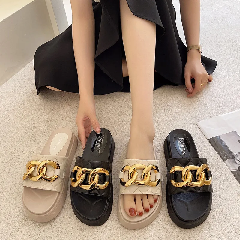 

Female Shoes Womens Slippers Outdoor Med Platform Slides Fashion Loafers 2021 Flat Luxury Summer Beach Bonded Leather Rubber Mic