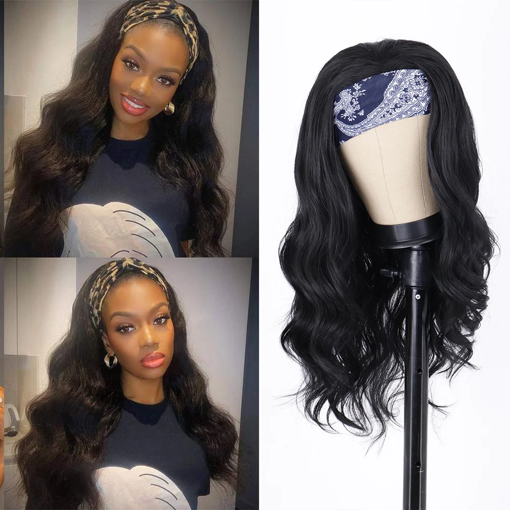 

Long Wavy Headband Wig for Black Women None Replacement Body Wave Synthetic Headwraps Hair Wig 2021 New Fashion